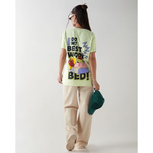 Bewakoof Women's Work in Bed Graphic Printed Boyfriend T-shirt | Fog Green - L