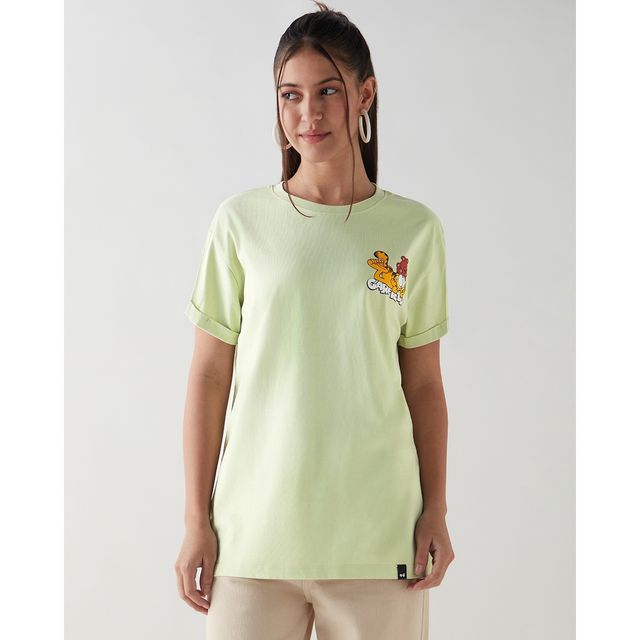 Bewakoof Women's Work in Bed Graphic Printed Boyfriend T-shirt | Fog Green - L