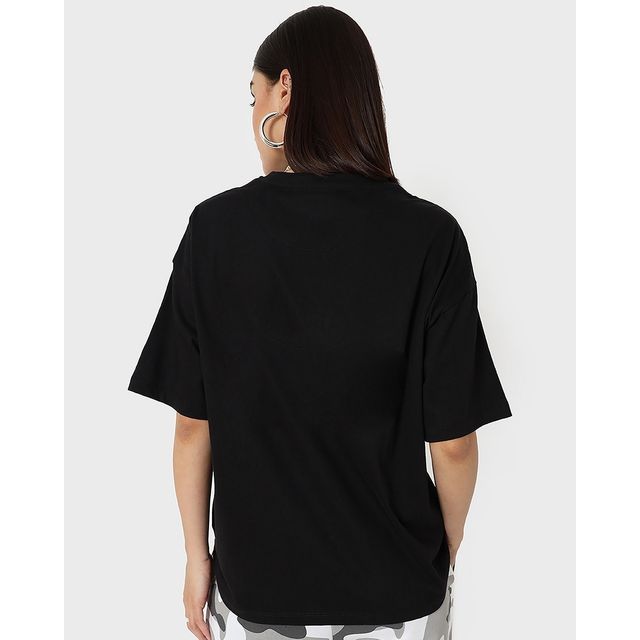 Bewakoof Women's Tropical Vibes Typography Oversized T-shirt | Black - L