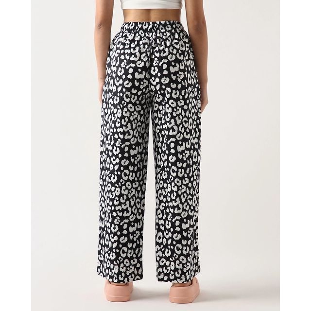 Bewakoof Women's All Over Printed Wide Leg Pyjamas | Black - L