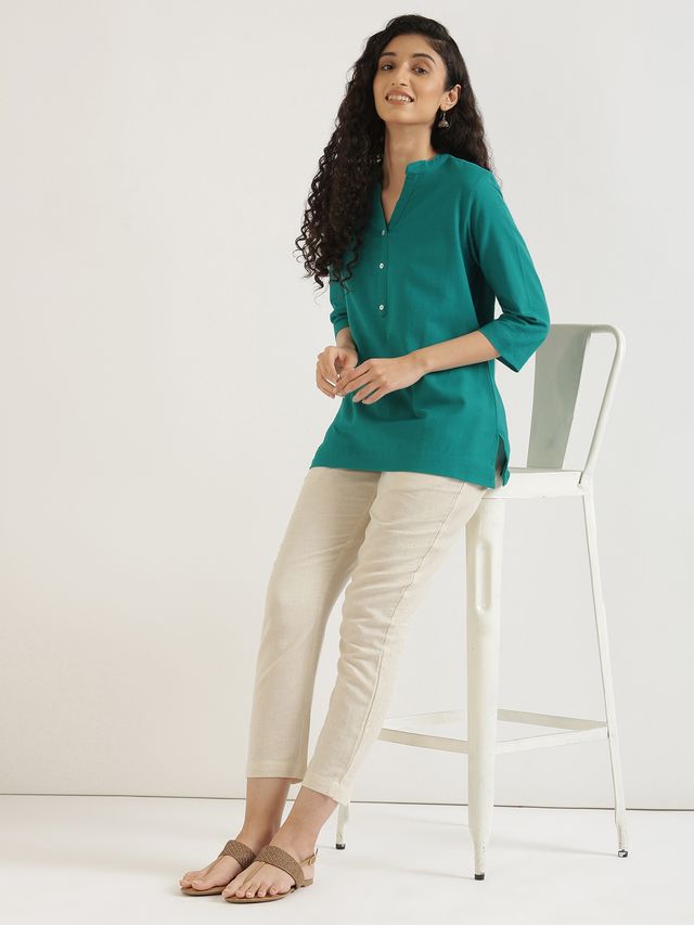Saadaa Women's Short Airy Linen Kurta | Teal - M