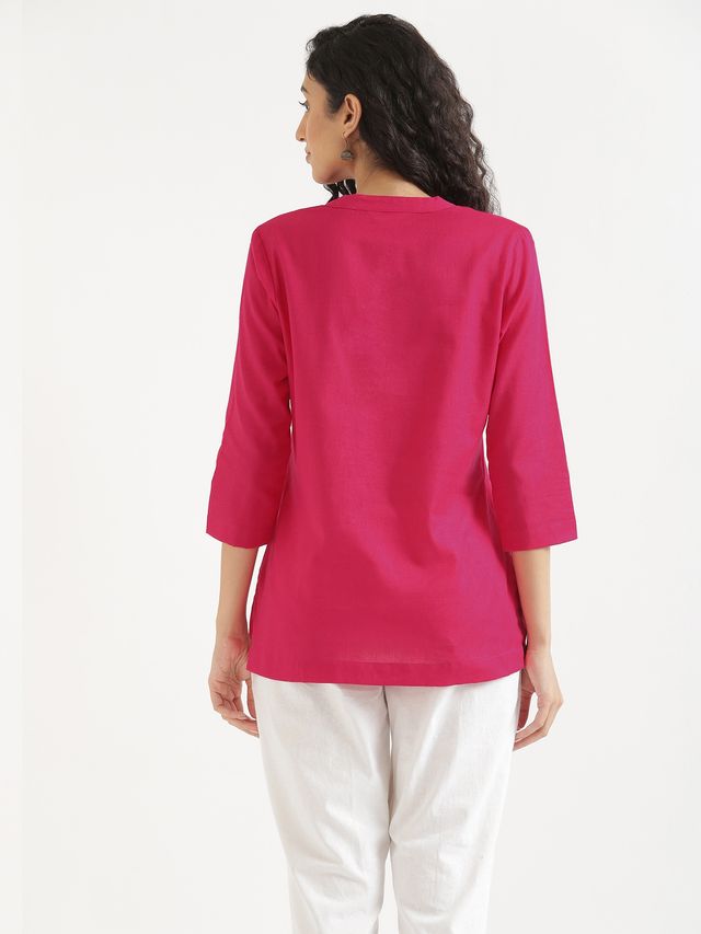 Saadaa Women's Short Airy Linen Kurta | Hot Pink - M