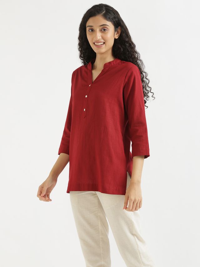 Saadaa Women's Short Airy Linen Kurta | Maroon - S