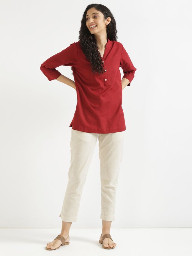 Saadaa Women's Short Airy Linen Kurta | Maroon - S