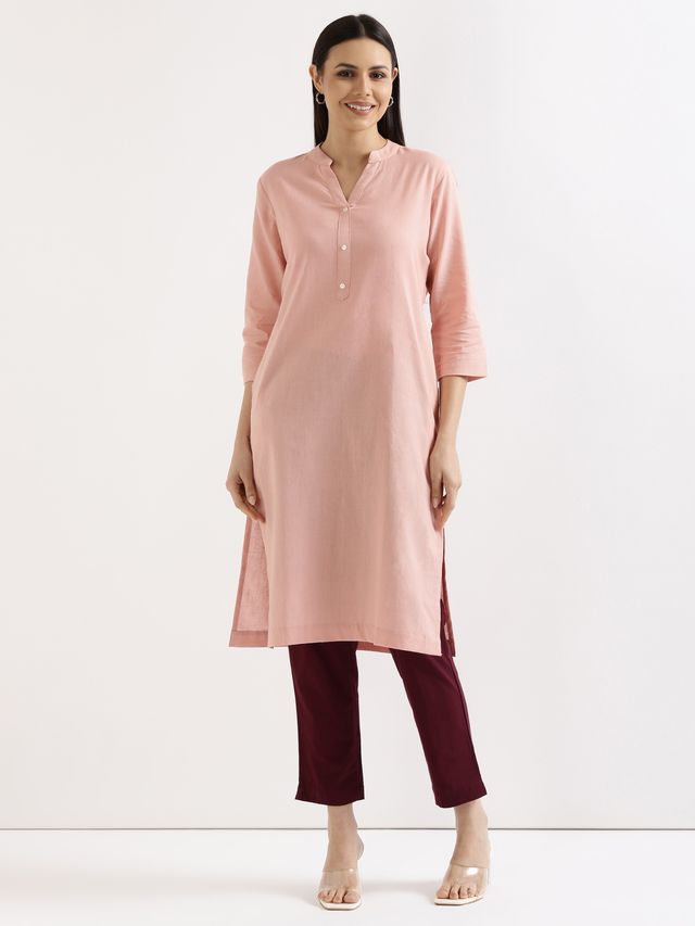 Saadaa Women's Long Airy Linen Kurta | Salmon Pink - S