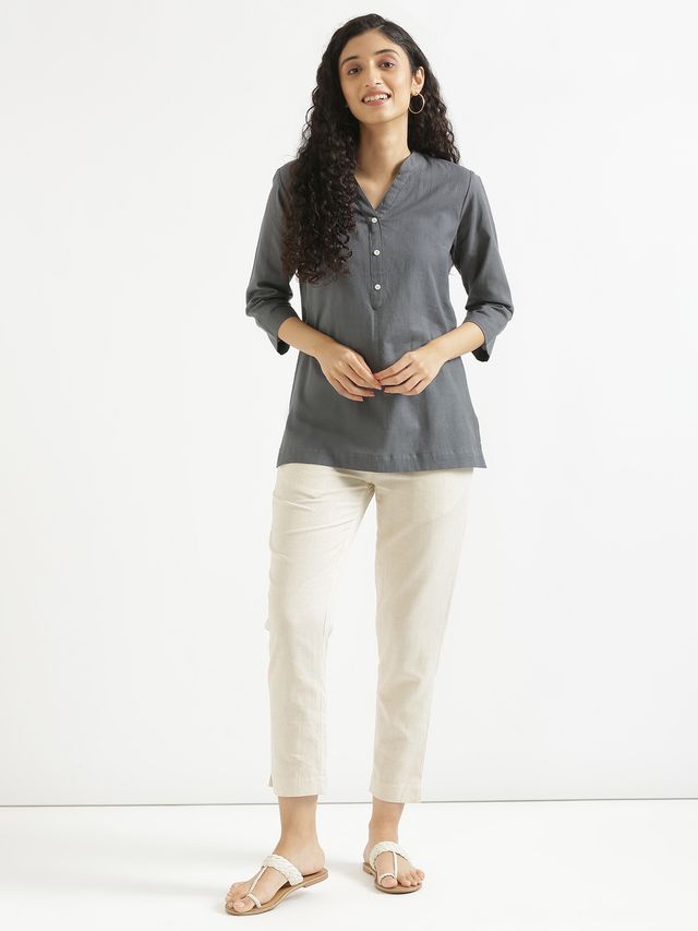 Saadaa Women's Short Airy Linen Kurta | Slate Grey - XL
