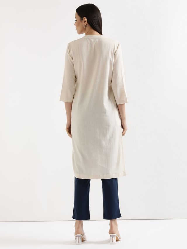 Saadaa Women's Long Airy Linen Kurta | Ecru - L