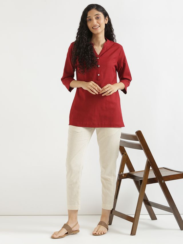 Saadaa Women's Short Airy Linen Kurta | Maroon - S