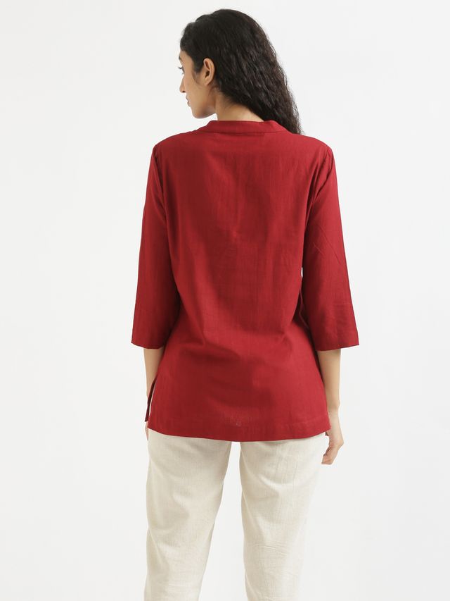 Saadaa Women's Short Airy Linen Kurta | Maroon - S