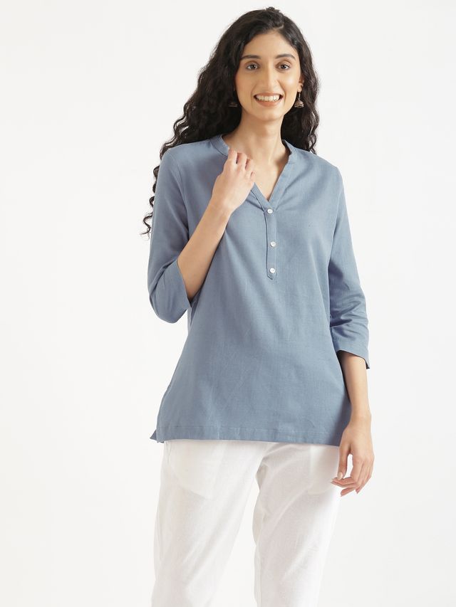 Saadaa Women Short Airy Linen Kurta | English Blue | S