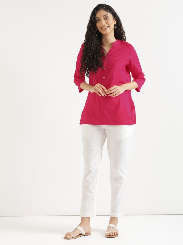 Saadaa Women's Short Airy Linen Kurta | Hot Pink - M
