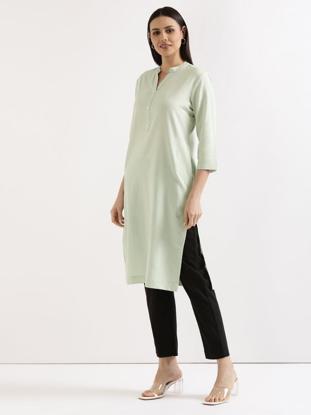 Saadaa Women's Long Airy Linen Kurta | Mint Green - XL