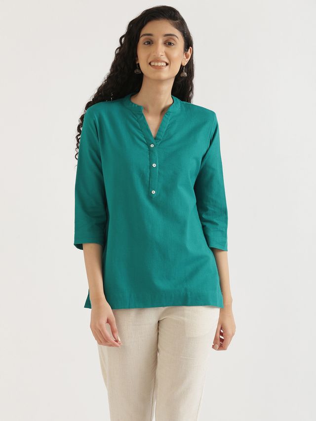 Saadaa Women's Short Airy Linen Kurta | Teal - M