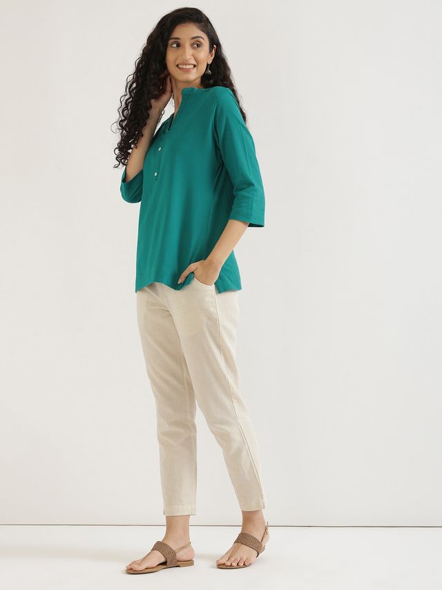 Saadaa Women's Short Airy Linen Kurta | Teal - M