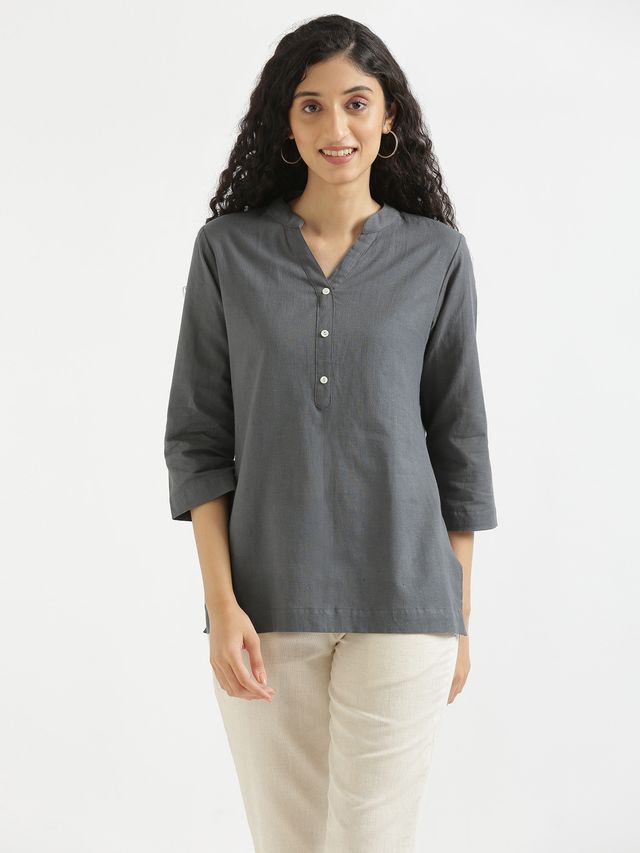Saadaa Women's Short Airy Linen Kurta | Slate Grey - XL