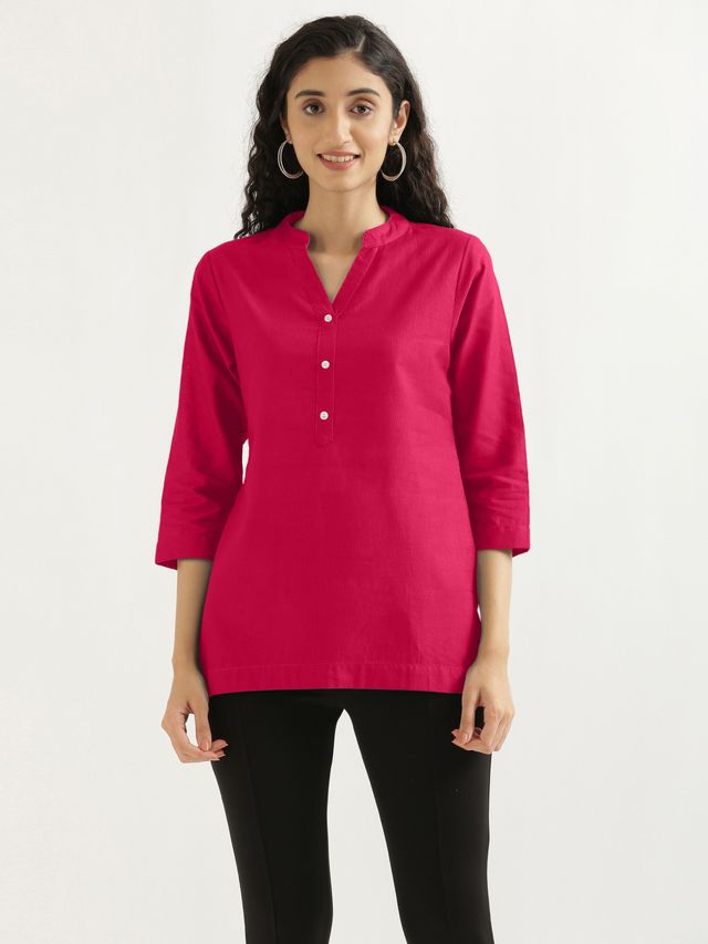 Saadaa Women's Short Airy Linen Kurta | Hot Pink - M