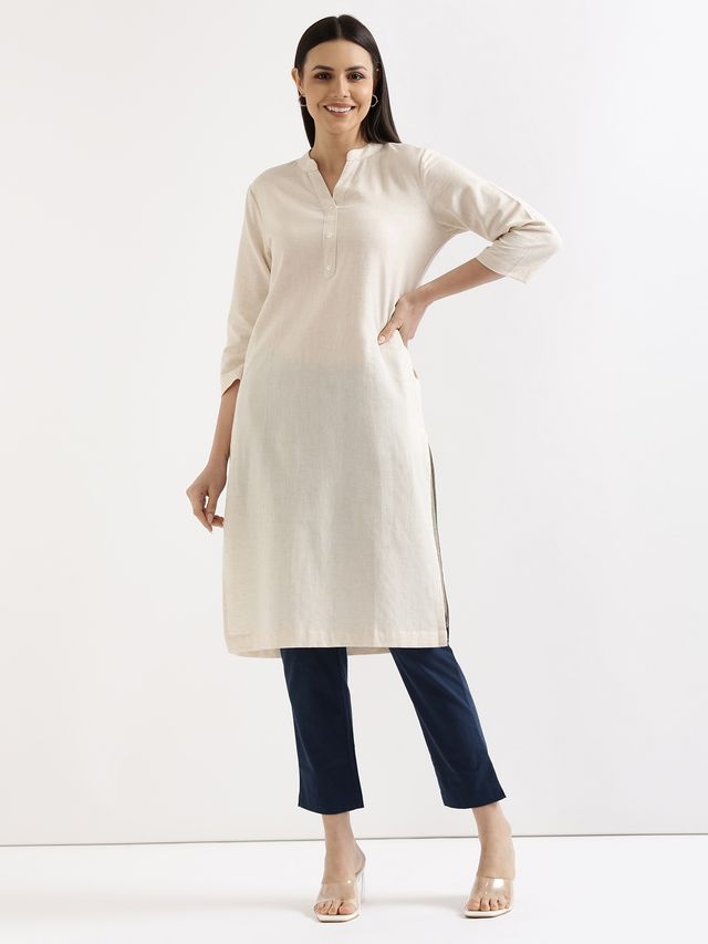 Saadaa Women's Long Airy Linen Kurta | Ecru - L