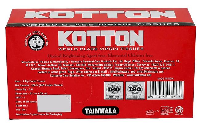 Kotton Facial Tissues Box - 2 Ply - 100% Virgin Pulp/Paper Box 200 pc  X 4 Combo