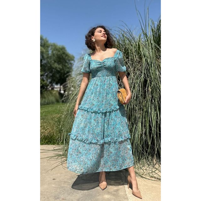 Sheetal Women's Floral Print Georgette Tiered Maxi Dress | DR11262 | Turquoise - S