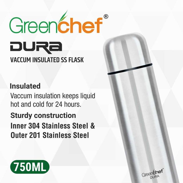 Greenchef Vacuum Insulated Ss Flask - 750Ml - Dura 750 Ml Flask (Pack Of 1, Steel/Chrome, Steel)