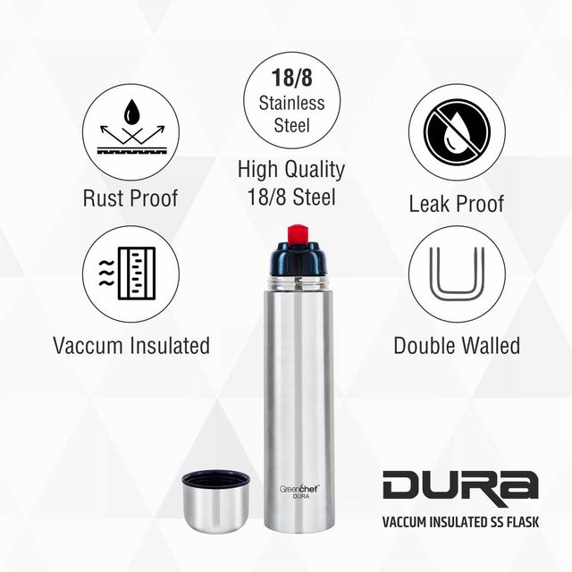 Greenchef Vacuum Insulated Ss Flask - 750Ml - Dura 750 Ml Flask (Pack Of 1, Steel/Chrome, Steel)