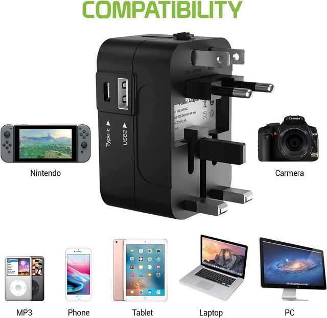 Hashwow Type-C Universal Travel Adapter With Usb-C & Usb Ports, 3-In-1 Plug Adapter