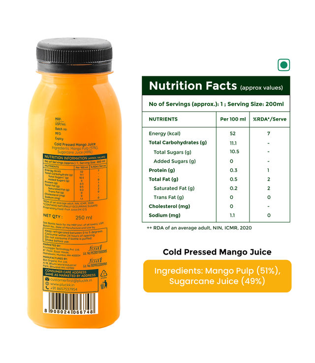 Pluckk 100% Fresh Mango Juice 250 ml X 3 Combo