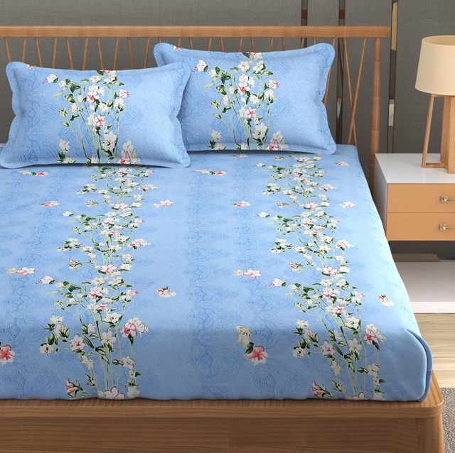 Furnofy 140 Gsm Fitted Double Bedsheet With 2 Pillow Covers (L-78" x B-72" + 6" Pocket, Blue)