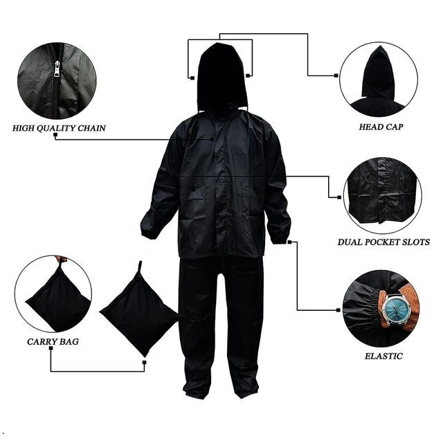INFISPACE Adult Unisex Polyester Raincoat Suit with Adjustable Cap & Pockets Black Color XL