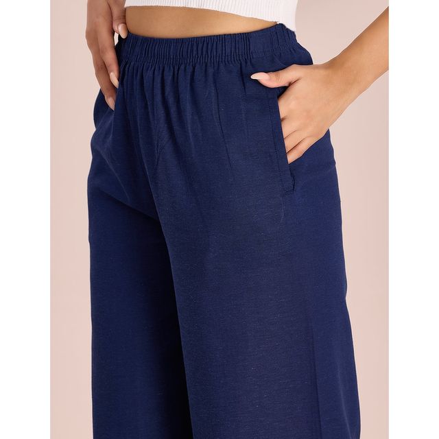 Go Colors Women's Solid Mid Rise Linen Wide Pant | LPZ8 | Navy - L