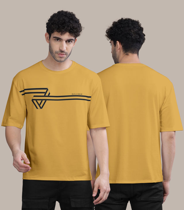 Bullmer Men's Oversized T-shirt Front Printed, Colourblock Baggy | Mustard | S