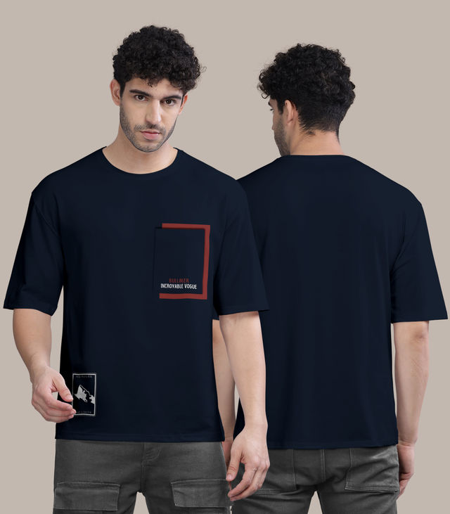Bullmer Men's Oversized T-shirt Front Printed | Navy Blue | XL