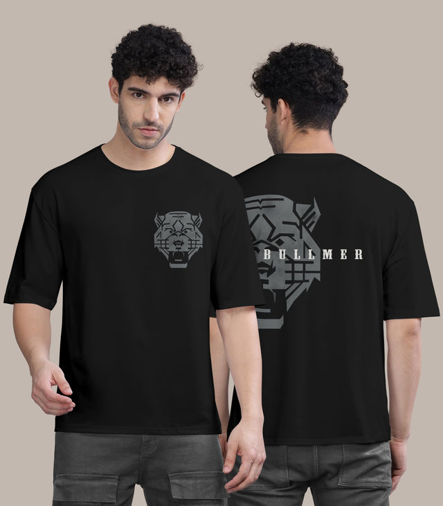Bullmer Men's Oversized T-shirt Front and Back Printed, Colourblock Baggy | Black | XL