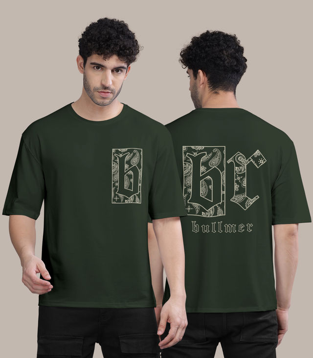 Bullmer Men's Oversized T-shirt Front and Back Printed, Colourblock Baggy | Olive | L