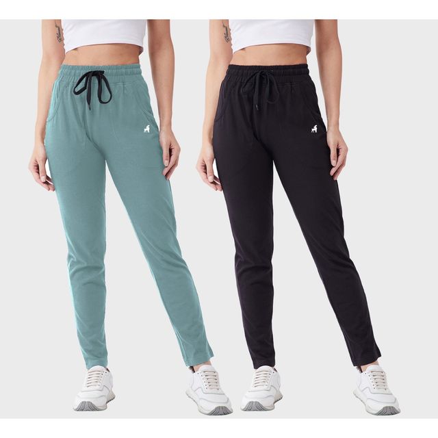 Modeve Women's Cotton Blend Solid Track Pant for Summer | Sage and Black | L