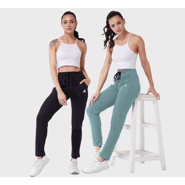 Modeve Women's Cotton Blend Solid Track Pant for Summer | Sage and Black | L