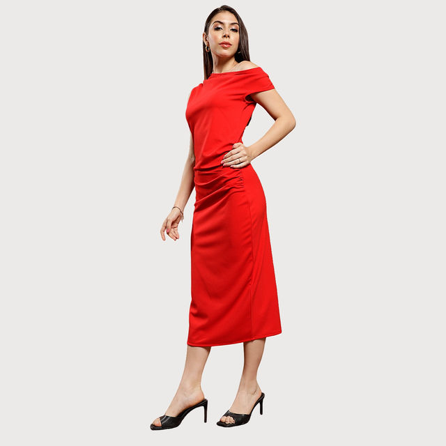 Buy Athena One Shoulder Scuba Bodycon Midi Dress Red XL Online - Price @  839 | Instant Delivery | Zepto