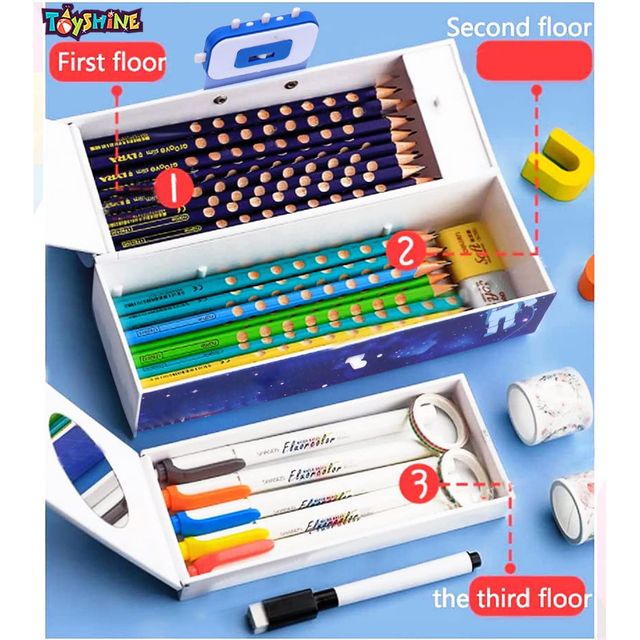 Toyshine Pencil Box with Code Lock Pen Case | Large Capacity | Multi-layer | Space Blue