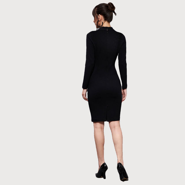 Miss Chase Women Black Solid Collared Neck Full Sleeve Polyester Bodycon  Knee Length Dress - Buy at 720 Online | Instant Delivery - Zepto