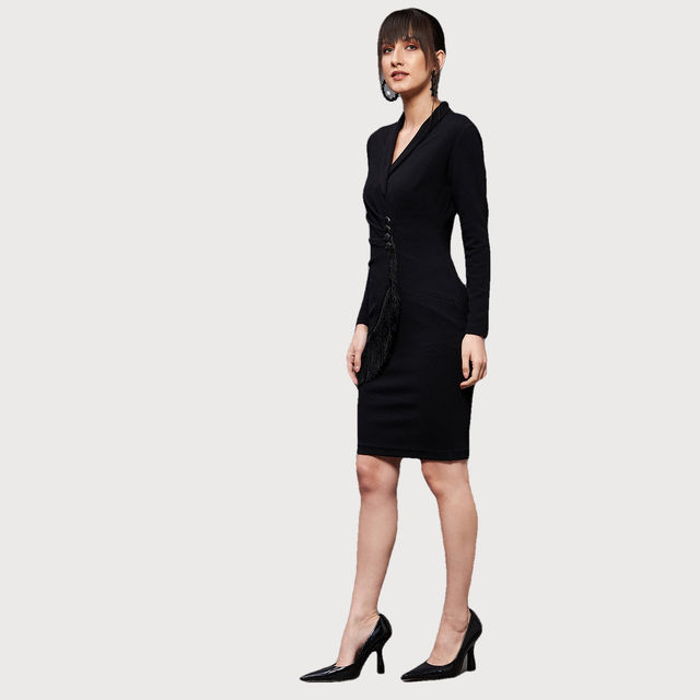 Miss Chase Women Black Solid Collared Neck Full Sleeve Polyester Bodycon  Knee Length Dress - Buy at 720 Online | Instant Delivery - Zepto