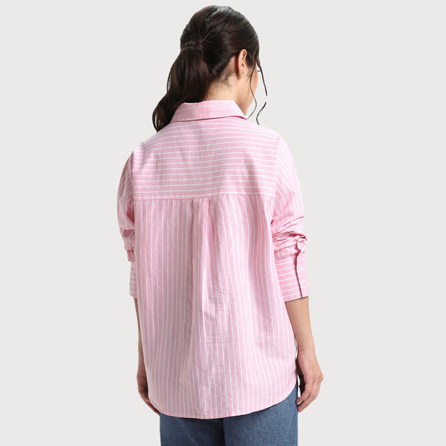 DL Women's Oversized Vertical Stripes Pure Cotton Oxford Casual
