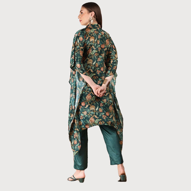Ishin Set Completo Donna – Kurta A-Line Ricamata In Cotone Con Pantaloni E Dupatta – Bianco E Verde - 4