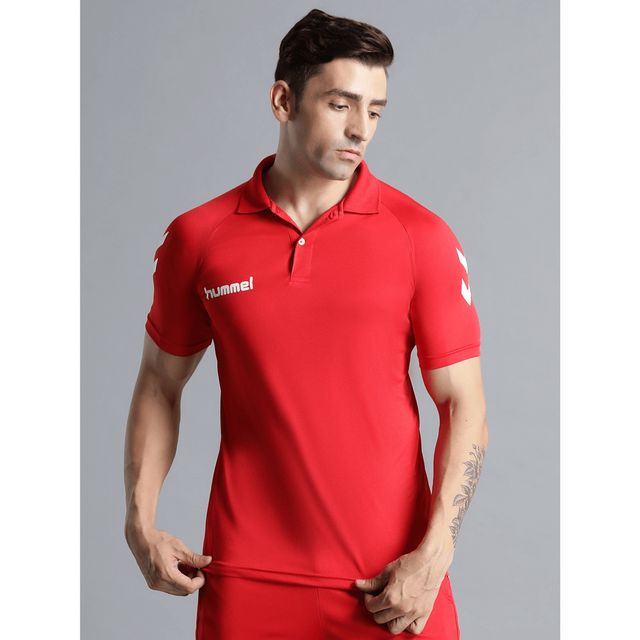 hummel Men's Core Functional Polo Neck Solid Regular Fit Gym T-shirt | True Red - XL