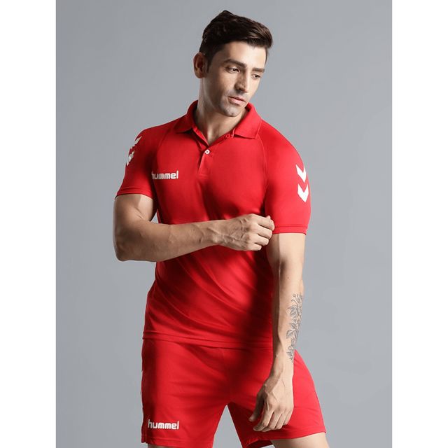 hummel Men's Core Functional Polo Neck Solid Regular Fit Gym T-shirt | True Red - XL