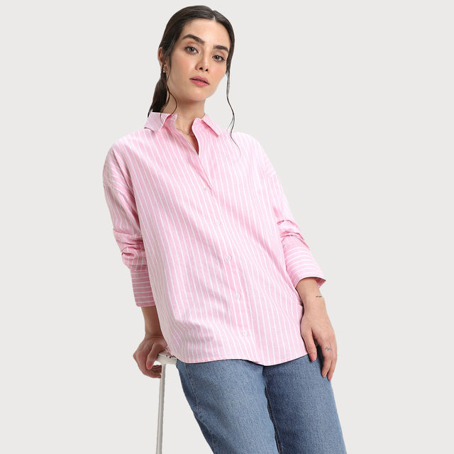 DL Women's Oversized Vertical Stripes Pure Cotton Oxford Casual