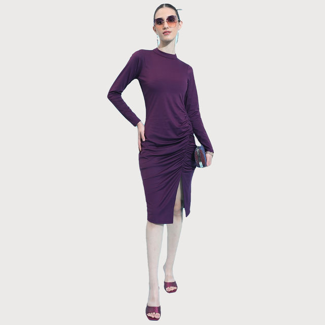 Buy Ketch Women's High Neck Gathered Casual Sheath Midi Dress | Wine - L  Online - Price @ ₹248 | Instant Delivery