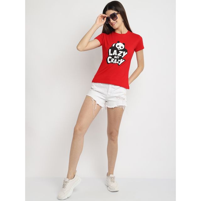 Fabflee Women Regular Cotton Printed Round Neck Tshirt | Red | FAB-WT-37 | XL