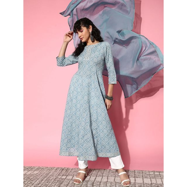 Ishin Women Embroidered Anarkali Kurta | INWKTS039 | Cotton Sky Blue - S