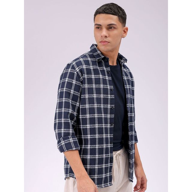 The Indian Garage Co Men's Regular Fit Checkered Resort Shirt | Navy Blue - S