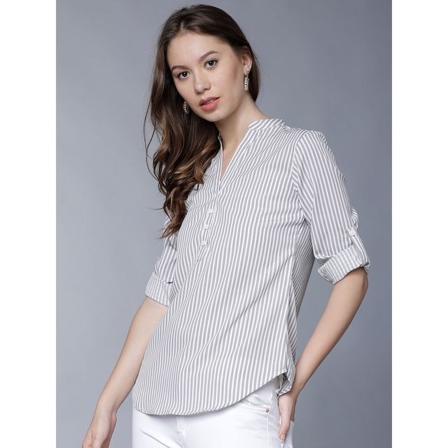 Tokyo Talkies Women's Casual Roll-up Sleeve Striped Top | Multicolor - M